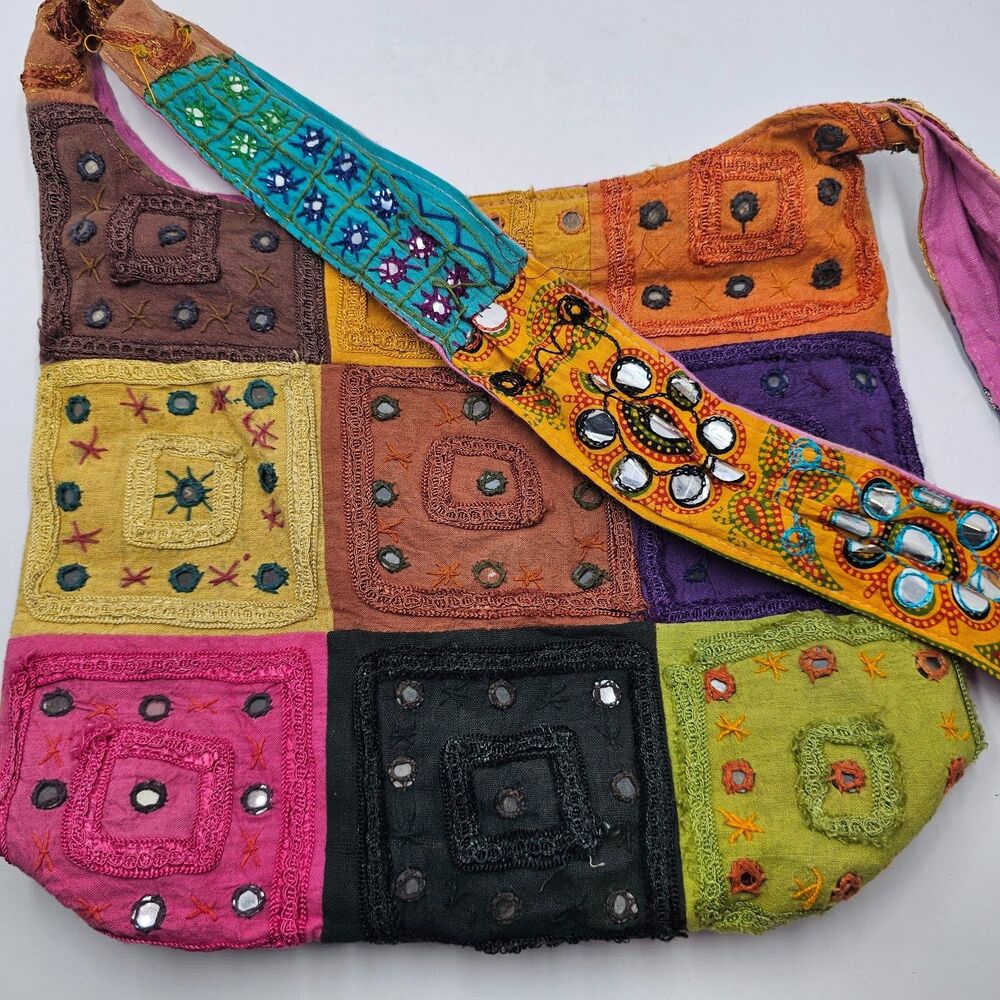 Colorful Patchwork Sling Tote Shoulder Crossbody Bag Mixed Media Boho Zipper